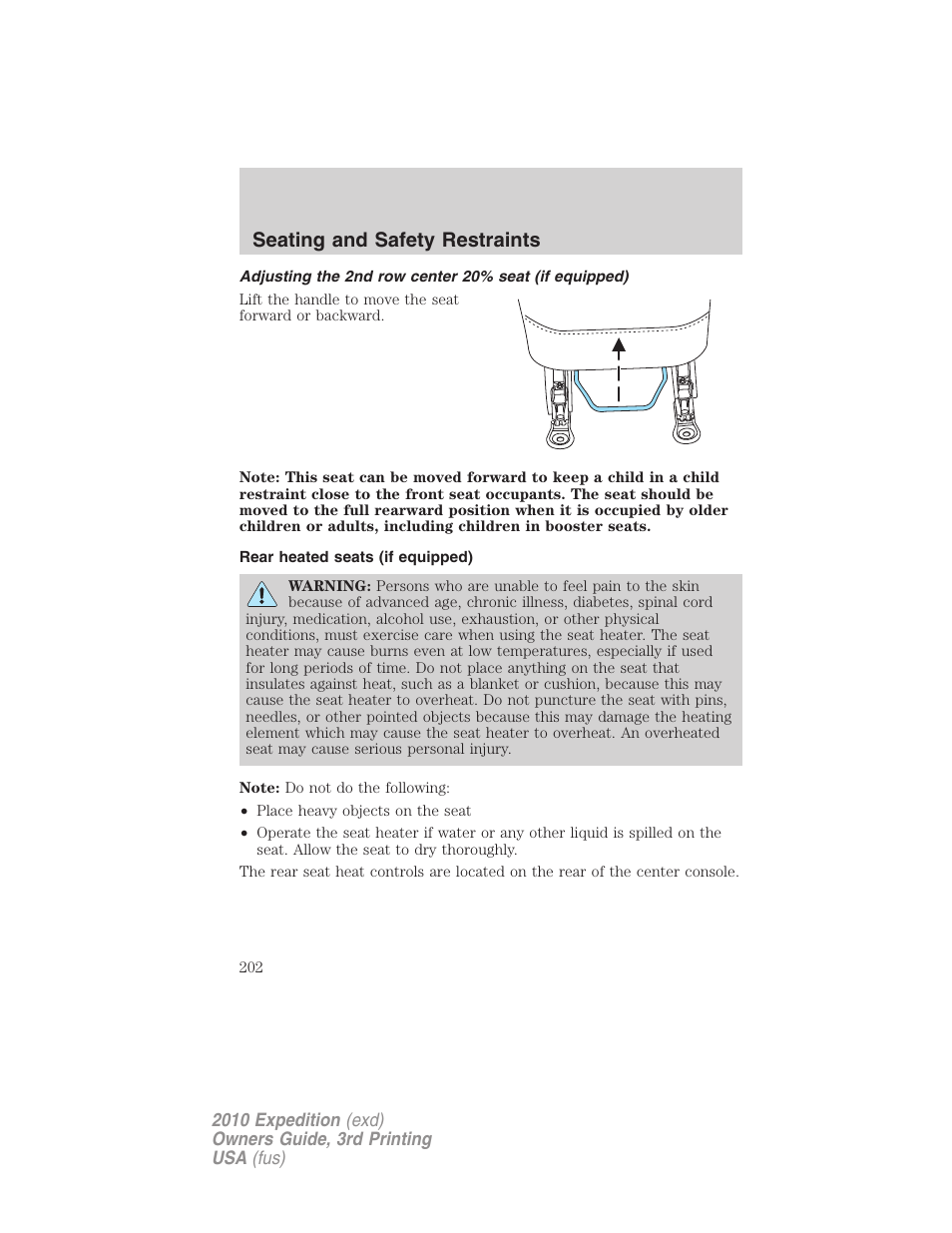 Rear heated seats (if equipped), Seating and safety restraints | FORD 2010 Expedition v.3 User Manual | Page 202 / 422