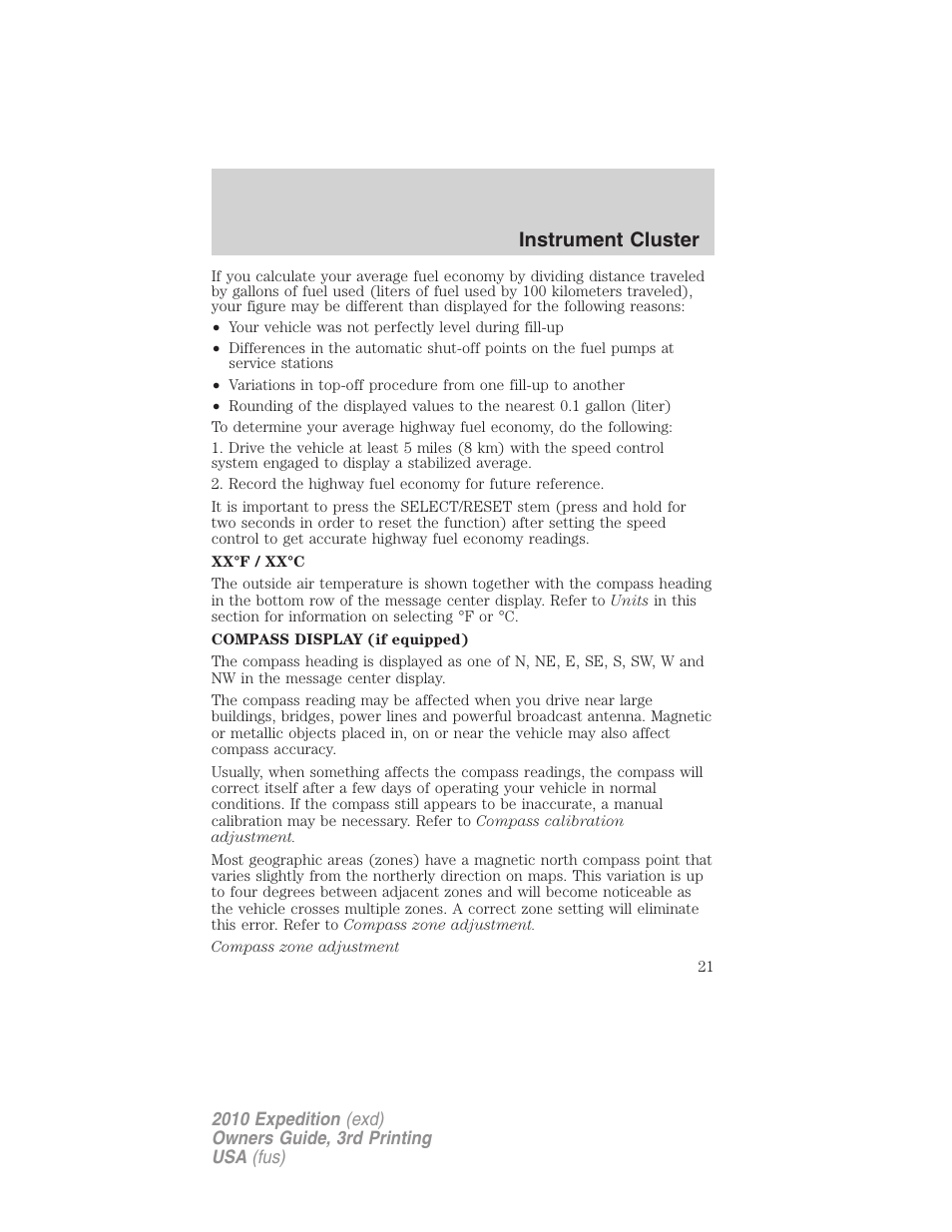 Instrument cluster | FORD 2010 Expedition v.3 User Manual | Page 21 / 422