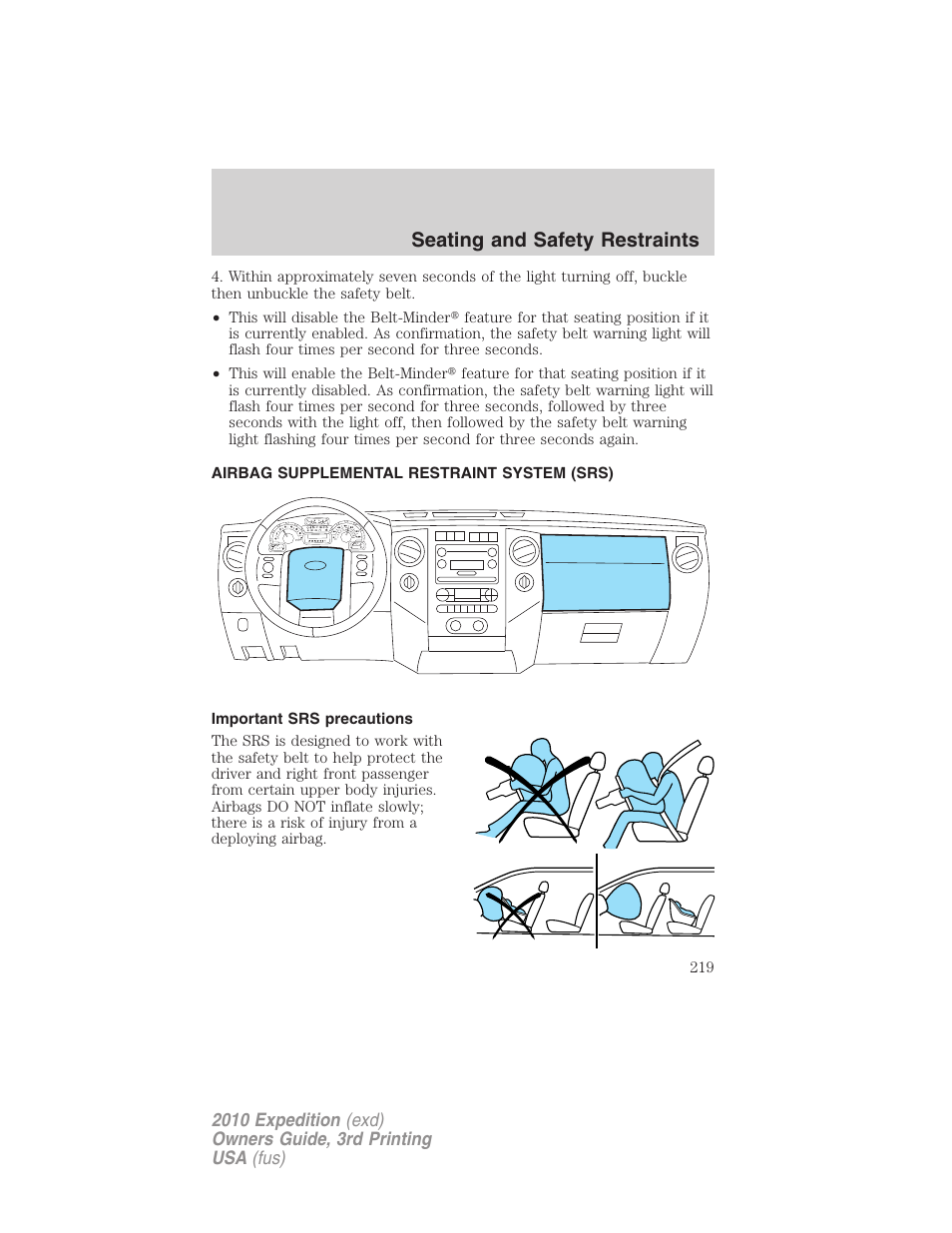 Airbag supplemental restraint system (srs), Important srs precautions, Airbags | Seating and safety restraints | FORD 2010 Expedition v.3 User Manual | Page 219 / 422