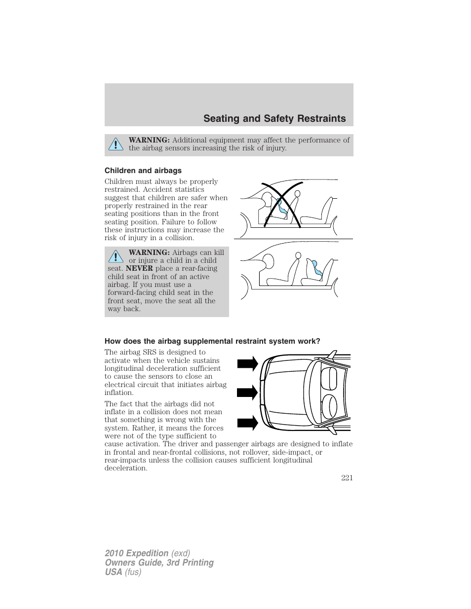 Children and airbags, Seating and safety restraints | FORD 2010 Expedition v.3 User Manual | Page 221 / 422