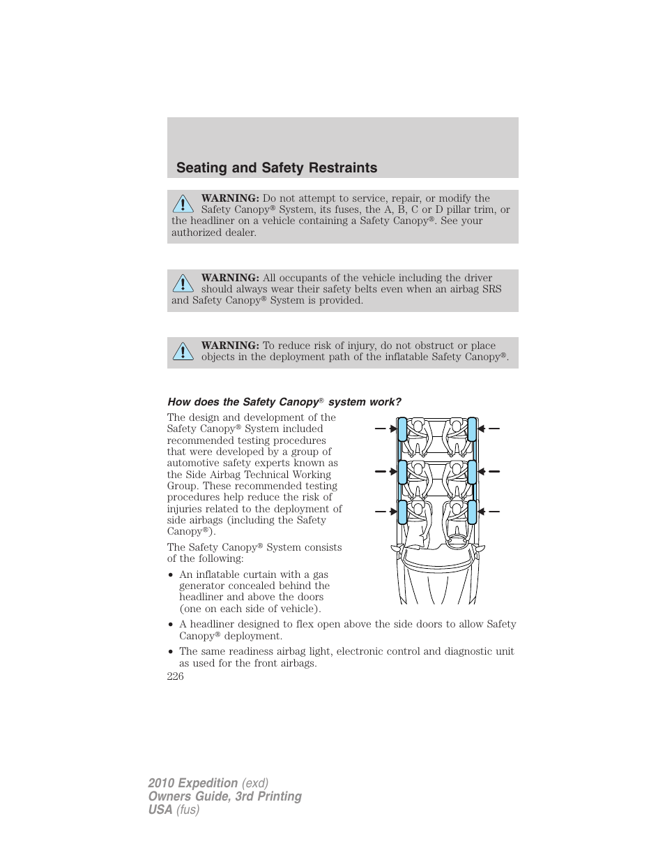 How does the safety canopy system work, Seating and safety restraints | FORD 2010 Expedition v.3 User Manual | Page 226 / 422