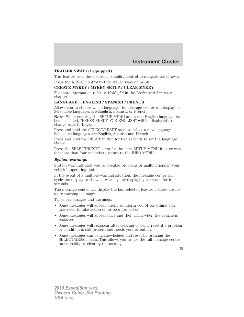 System warnings, Instrument cluster | FORD 2010 Expedition v.3 User Manual | Page 25 / 422