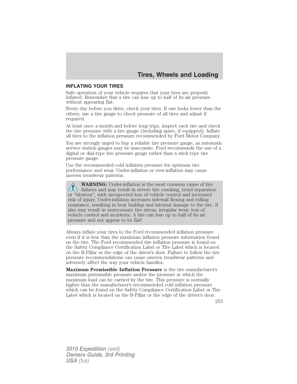 Inflating your tires, Tire inflation, Tires, wheels and loading | FORD 2010 Expedition v.3 User Manual | Page 253 / 422