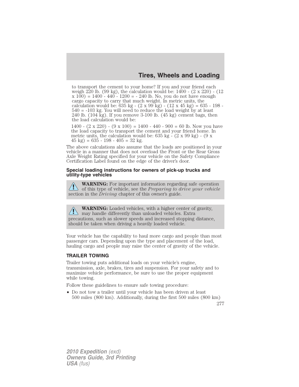 Trailer towing, Tires, wheels and loading | FORD 2010 Expedition v.3 User Manual | Page 277 / 422