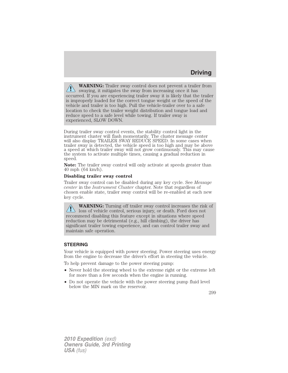 Steering, Driving | FORD 2010 Expedition v.3 User Manual | Page 299 / 422