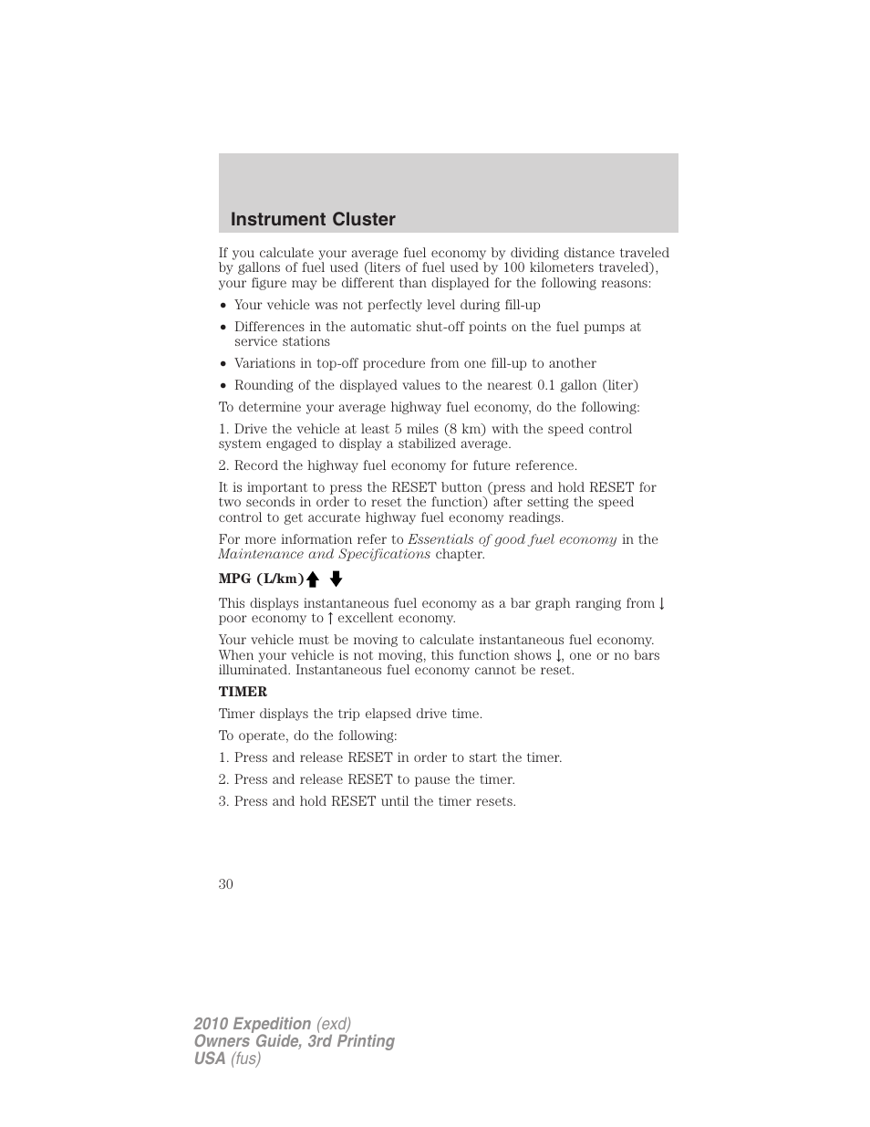 Instrument cluster | FORD 2010 Expedition v.3 User Manual | Page 30 / 422