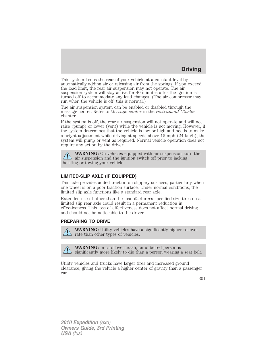 Limited-slip axle (if equipped), Preparing to drive, Driving | FORD 2010 Expedition v.3 User Manual | Page 301 / 422