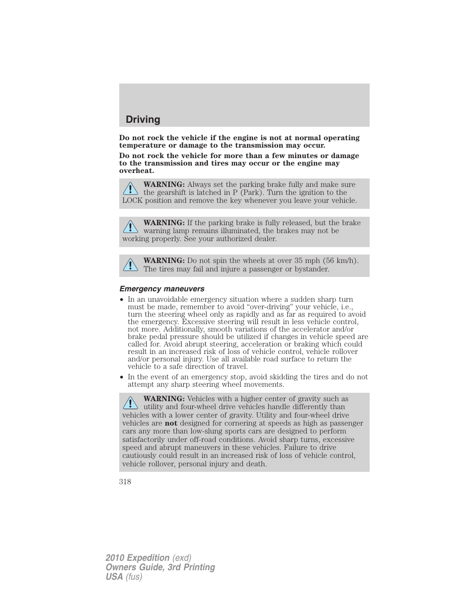 Emergency maneuvers, Driving | FORD 2010 Expedition v.3 User Manual | Page 318 / 422