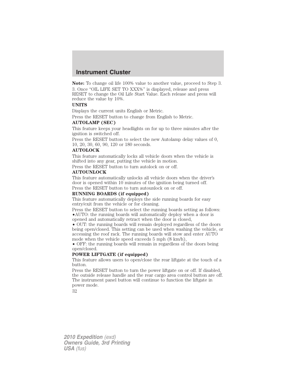 Instrument cluster | FORD 2010 Expedition v.3 User Manual | Page 32 / 422