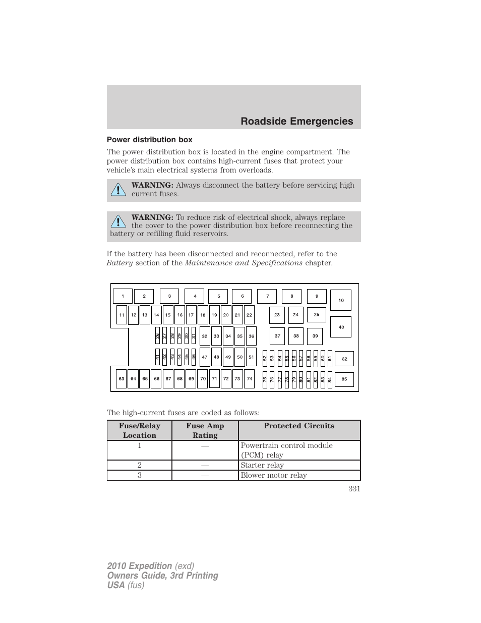 Power distribution box, Roadside emergencies | FORD 2010 Expedition v.3 User Manual | Page 331 / 422