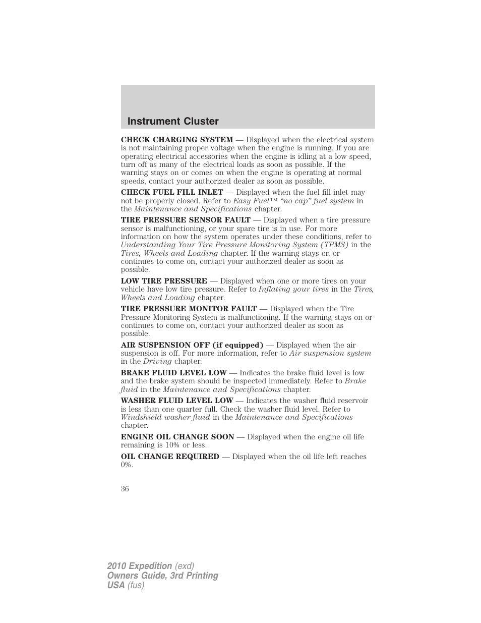 Instrument cluster | FORD 2010 Expedition v.3 User Manual | Page 36 / 422