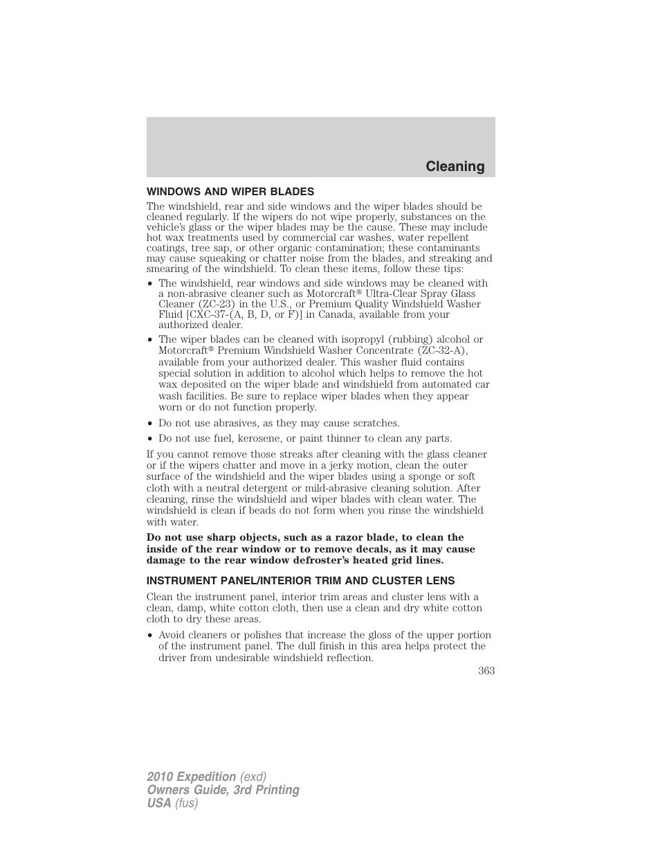 Windows and wiper blades, Instrument panel/interior trim and cluster lens, Cleaning | FORD 2010 Expedition v.3 User Manual | Page 363 / 422