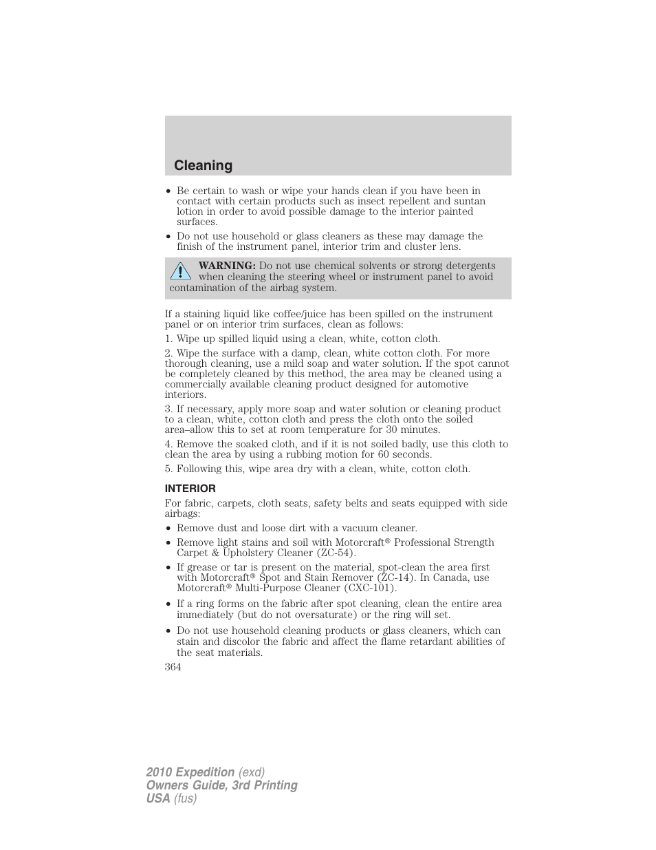 Interior, Cleaning | FORD 2010 Expedition v.3 User Manual | Page 364 / 422