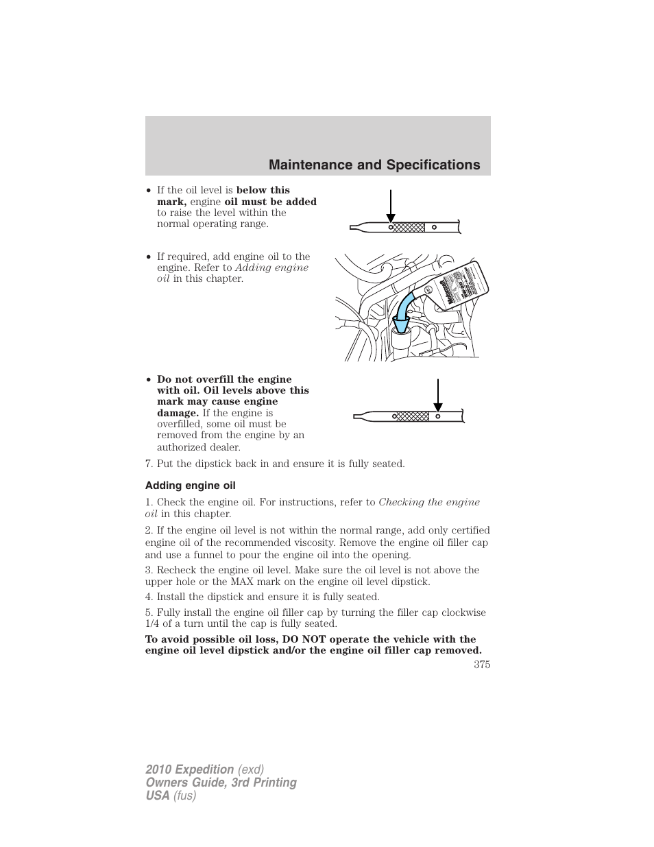 Adding engine oil, Maintenance and specifications | FORD 2010 Expedition v.3 User Manual | Page 375 / 422