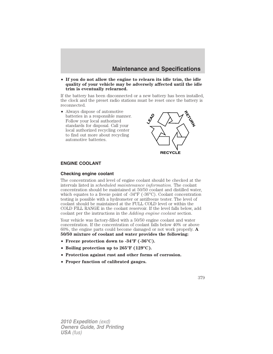 Engine coolant, Checking engine coolant, Maintenance and specifications | FORD 2010 Expedition v.3 User Manual | Page 379 / 422