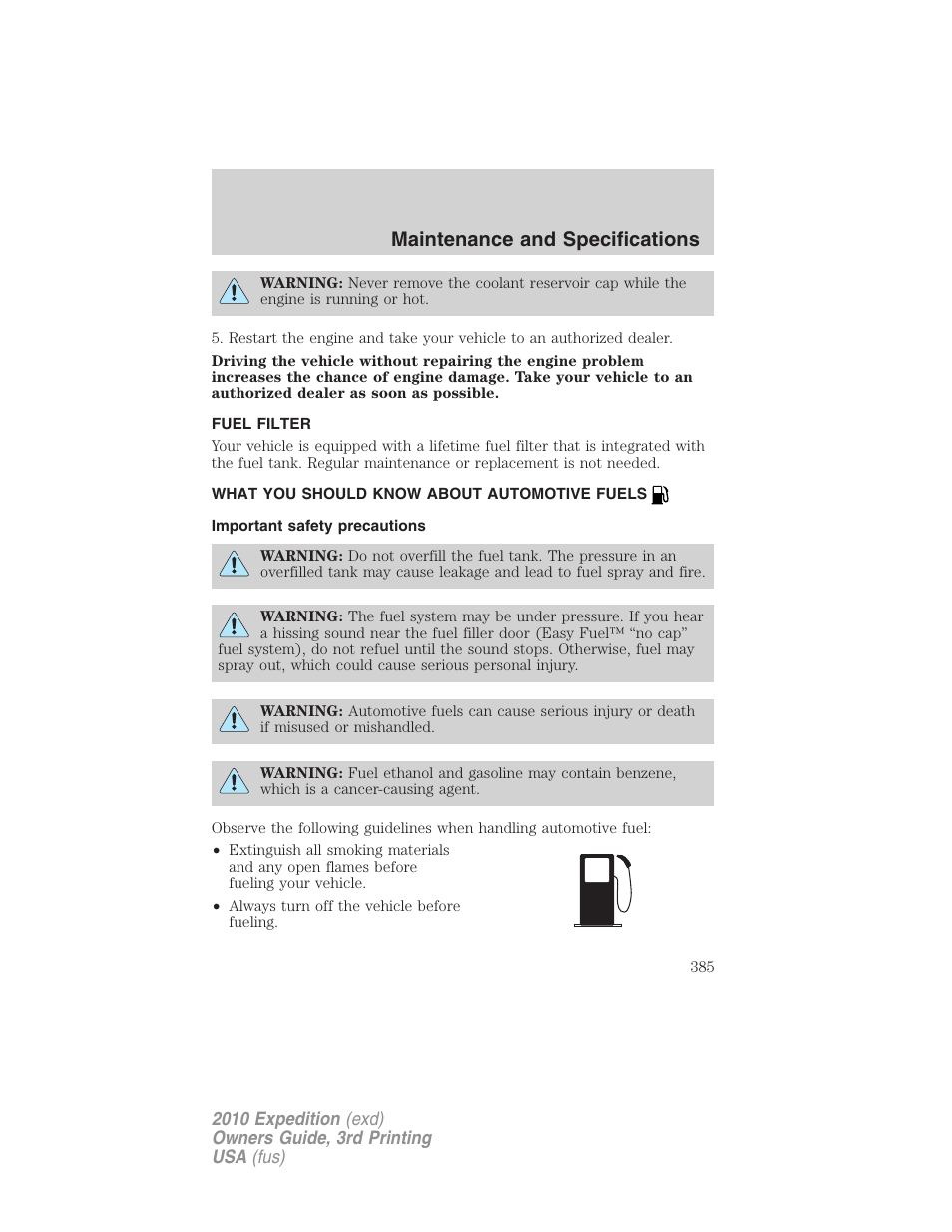 Fuel filter, What you should know about automotive fuels, Important safety precautions | Fuel information, Maintenance and specifications | FORD 2010 Expedition v.3 User Manual | Page 385 / 422