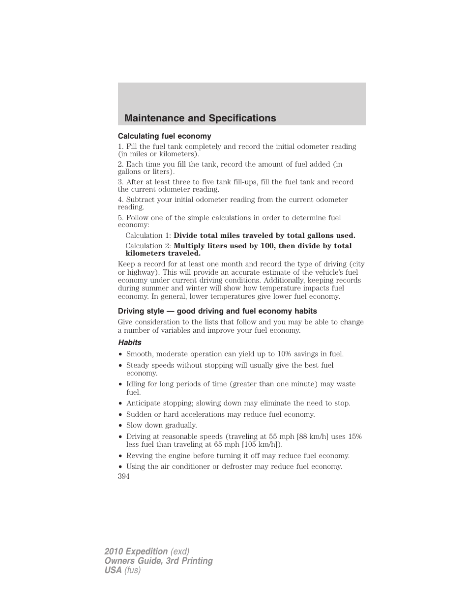 Calculating fuel economy, Habits, Maintenance and specifications | FORD 2010 Expedition v.3 User Manual | Page 394 / 422