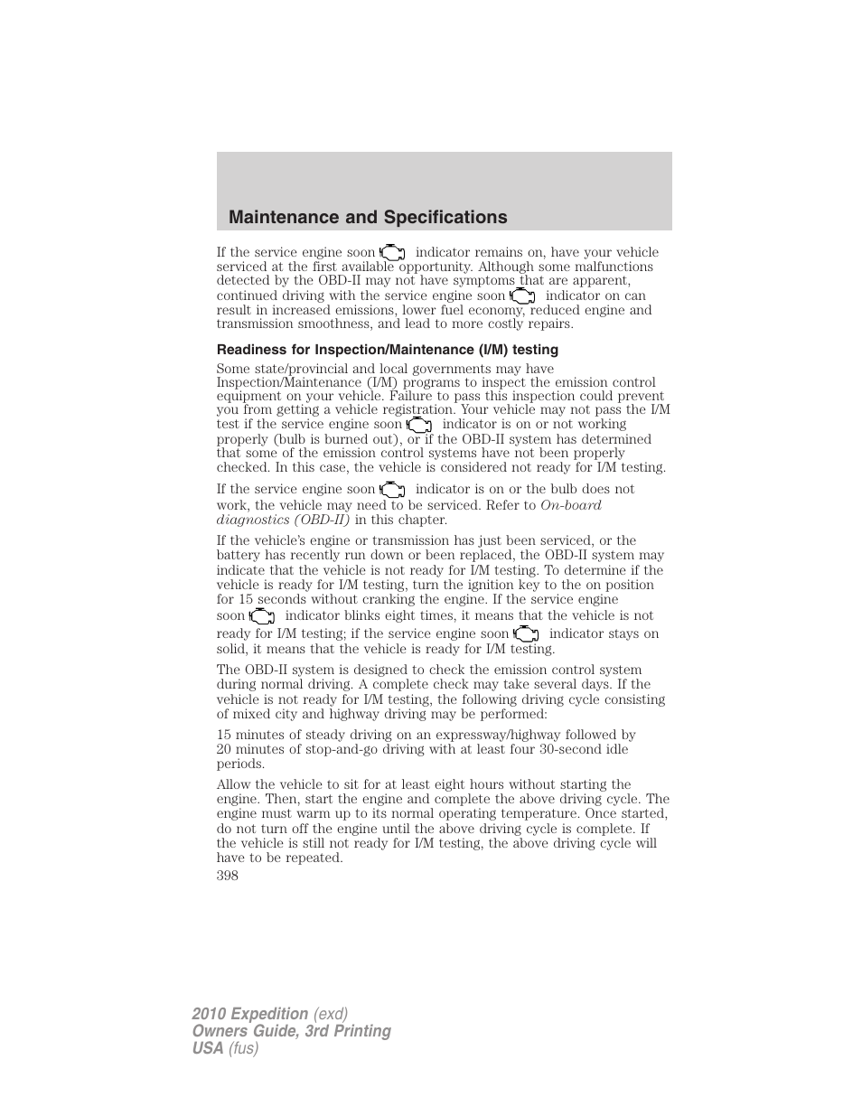 Readiness for inspection/maintenance (i/m) testing, Maintenance and specifications | FORD 2010 Expedition v.3 User Manual | Page 398 / 422