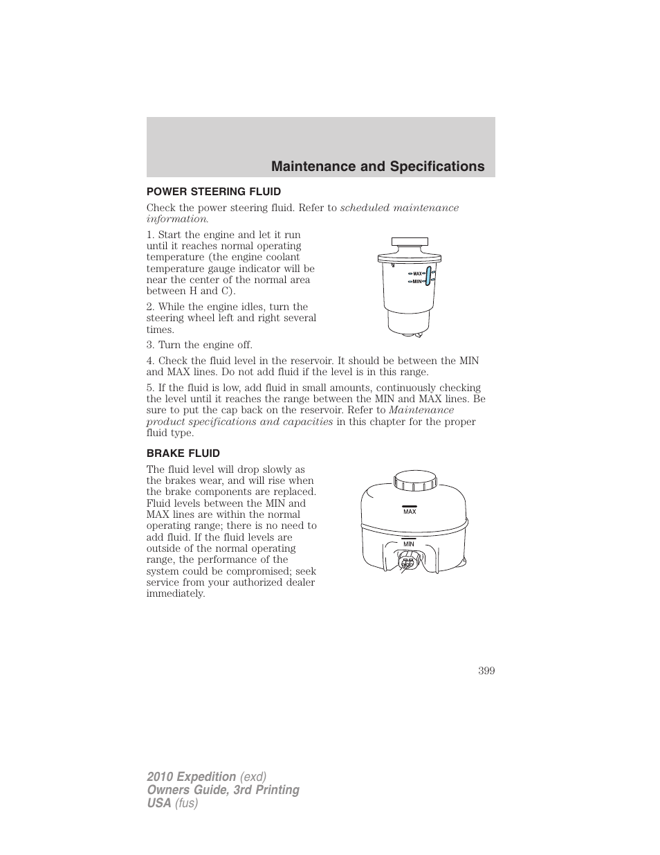 Power steering fluid, Brake fluid, Maintenance and specifications | FORD 2010 Expedition v.3 User Manual | Page 399 / 422