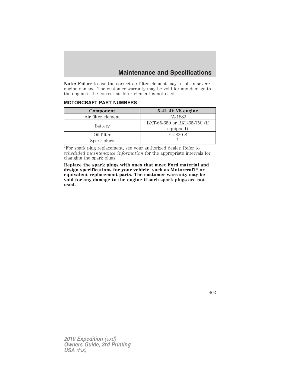 Motorcraft part numbers, Part numbers, Maintenance and specifications | FORD 2010 Expedition v.3 User Manual | Page 403 / 422