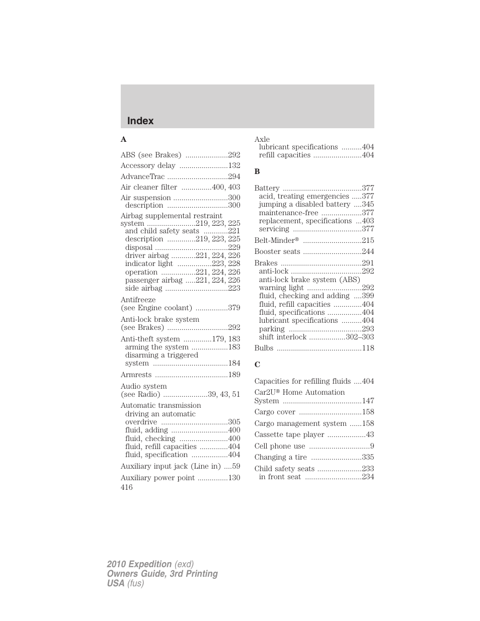 Index | FORD 2010 Expedition v.3 User Manual | Page 416 / 422