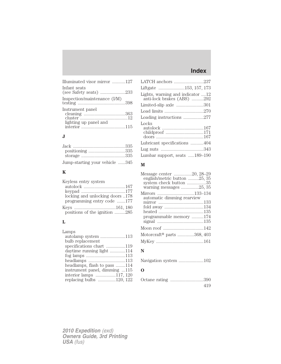 Index | FORD 2010 Expedition v.3 User Manual | Page 419 / 422