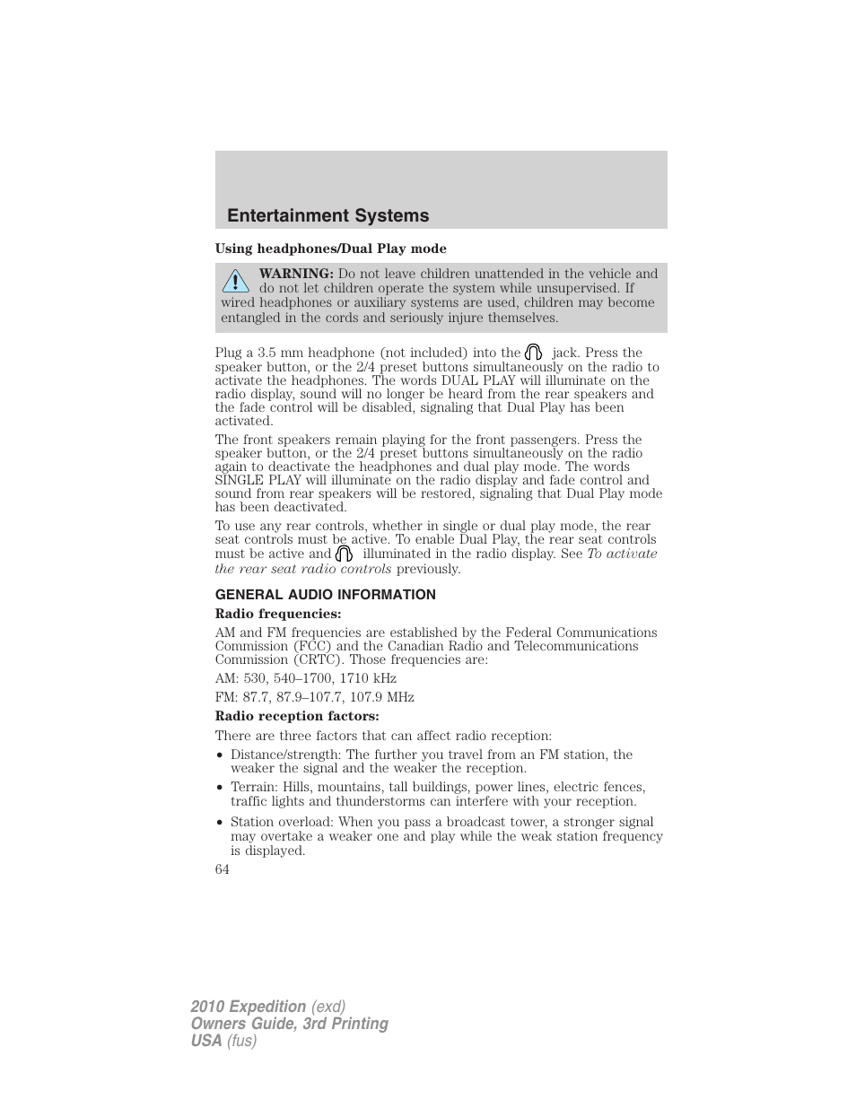 General audio information, Entertainment systems | FORD 2010 Expedition v.3 User Manual | Page 64 / 422