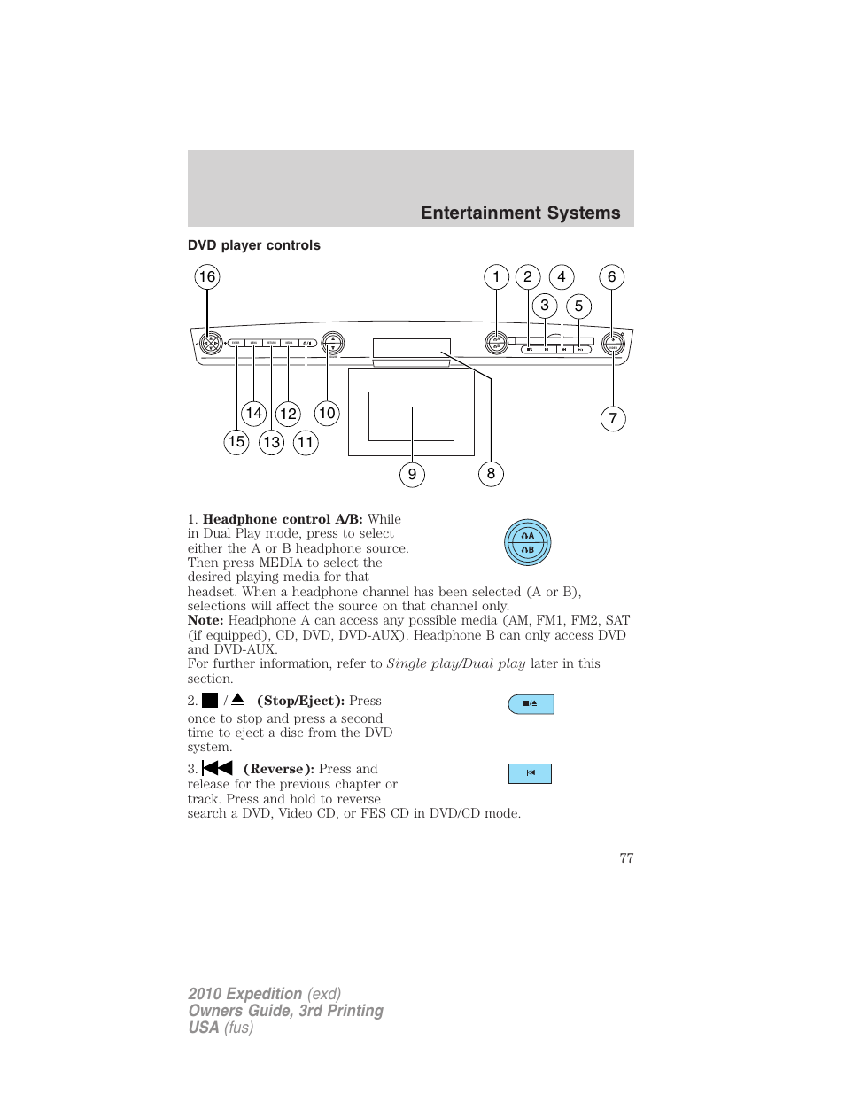 Dvd player controls, Entertainment systems | FORD 2010 Expedition v.3 User Manual | Page 77 / 422