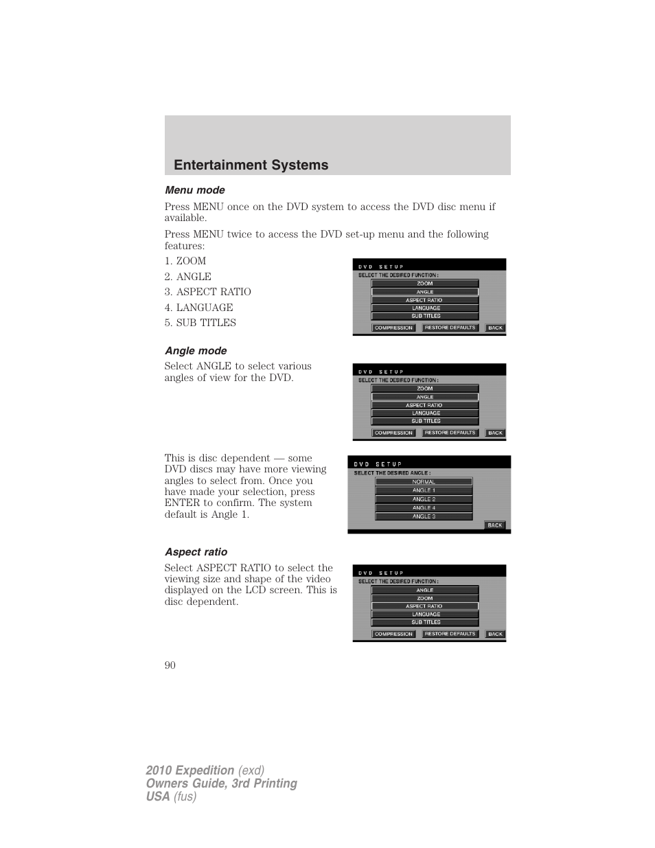 Menu mode, Angle mode, Aspect ratio | Entertainment systems | FORD 2010 Expedition v.3 User Manual | Page 90 / 422