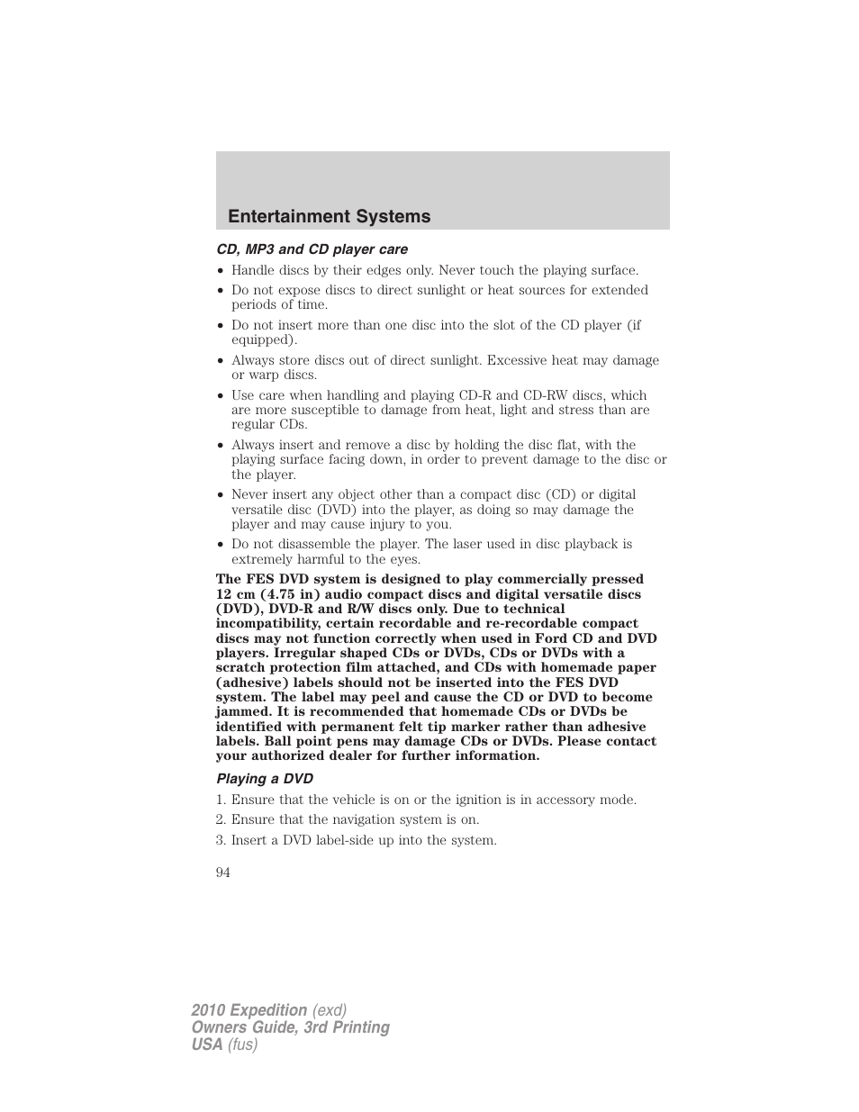 Cd, mp3 and cd player care, Playing a dvd, Entertainment systems | FORD 2010 Expedition v.3 User Manual | Page 94 / 422