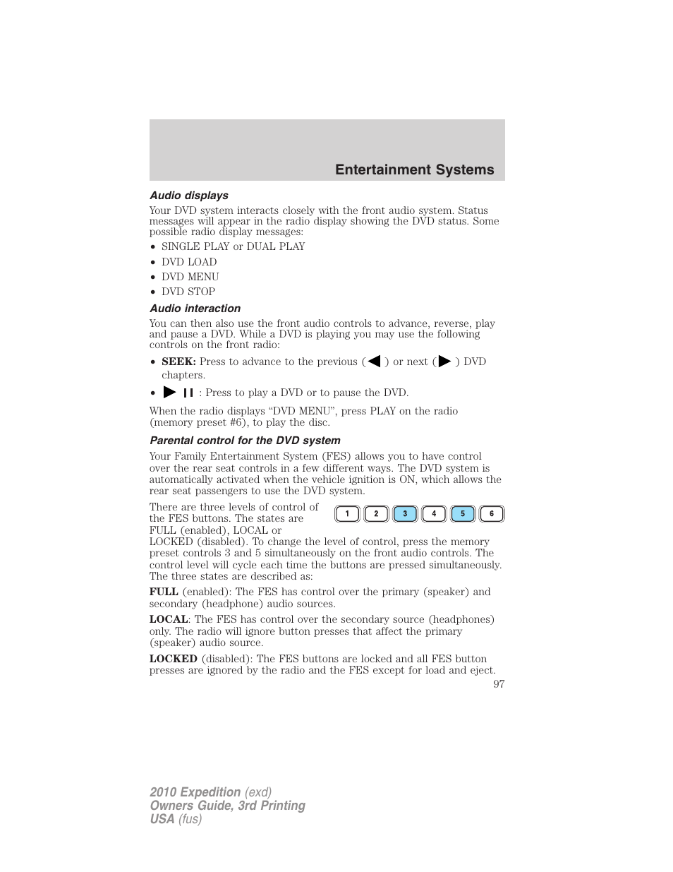 Audio displays, Audio interaction, Parental control for the dvd system | Entertainment systems | FORD 2010 Expedition v.3 User Manual | Page 97 / 422