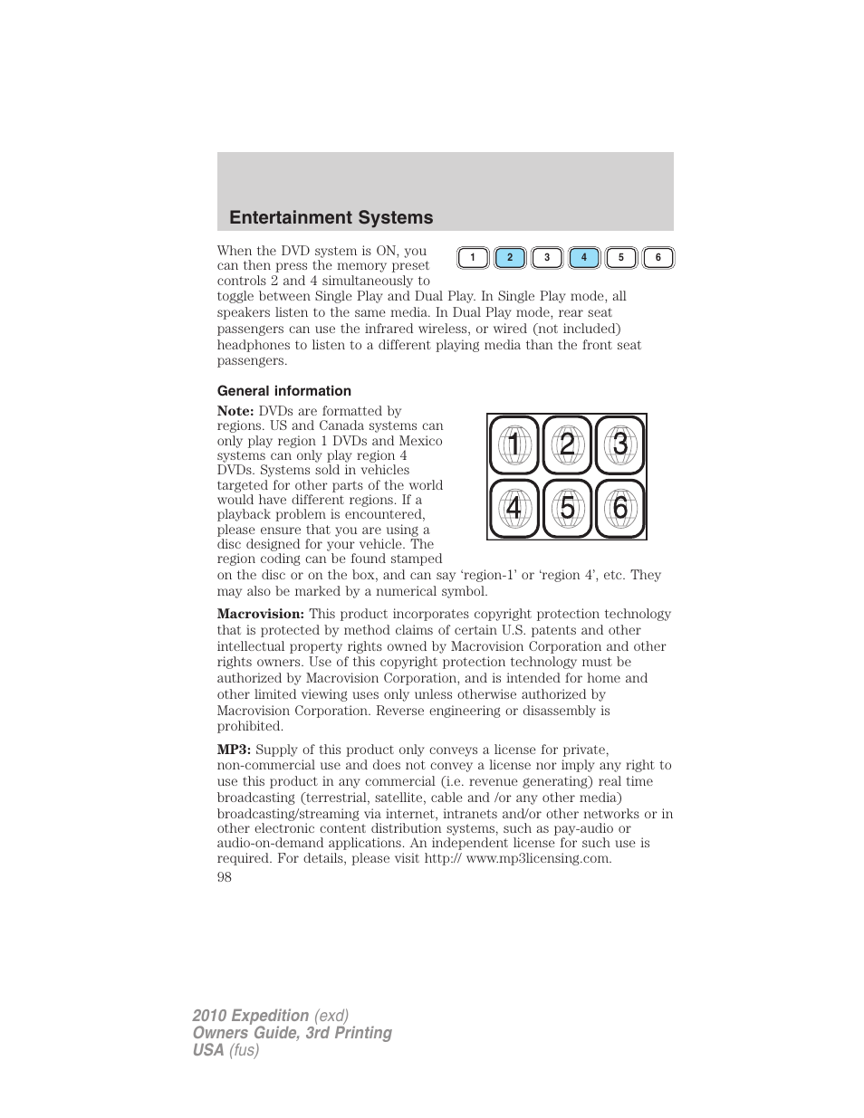 General information, Entertainment systems | FORD 2010 Expedition v.3 User Manual | Page 98 / 422
