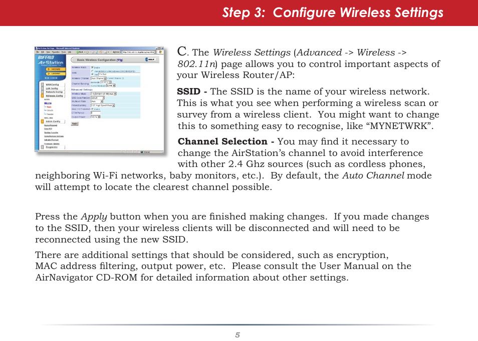 Step 3: configure wireless settings | Buffalo Technology Buffalo AirStation Nfiniti WZR-G300N User Manual | Page 5 / 7