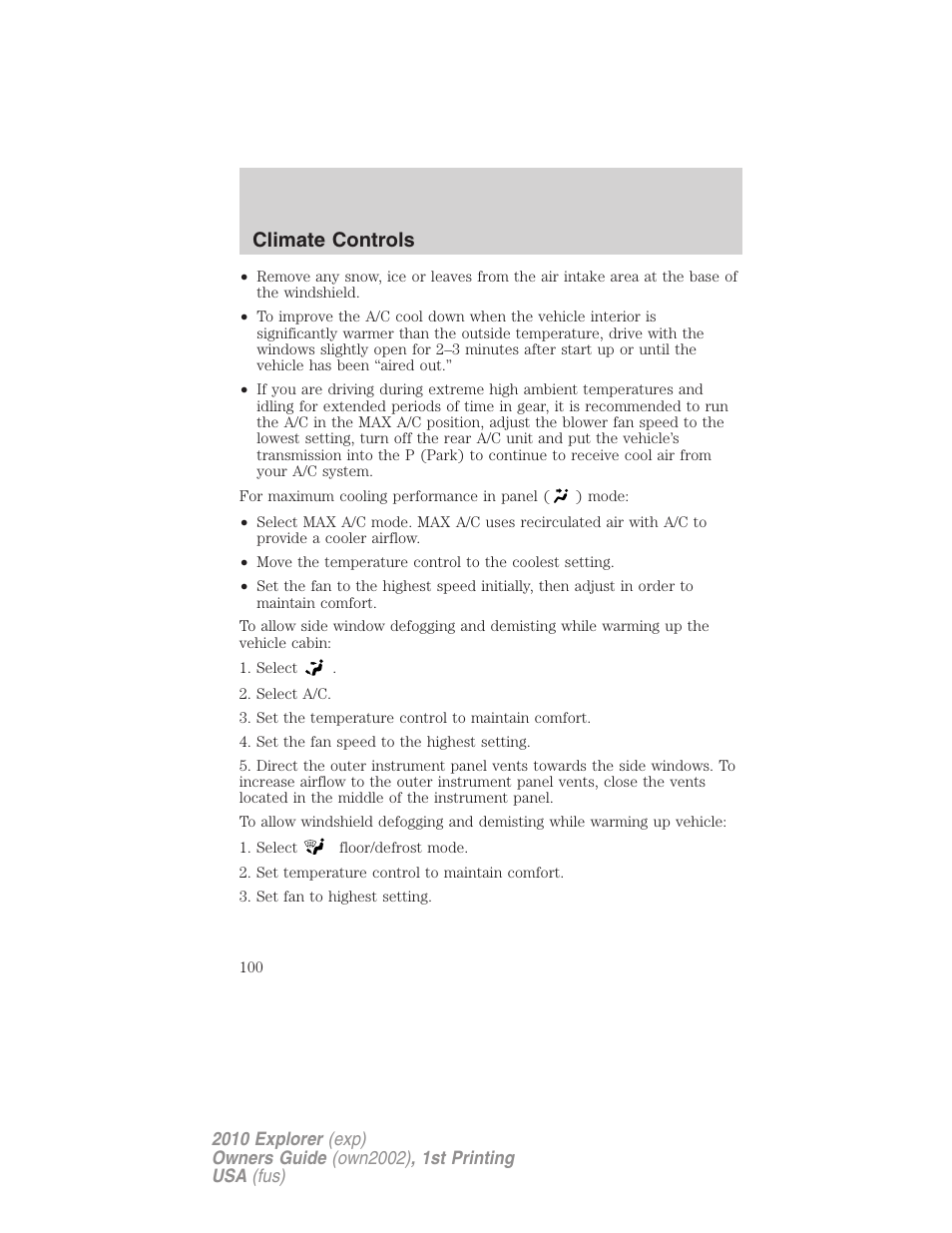 Climate controls | FORD 2010 Explorer v.1 User Manual | Page 100 / 404