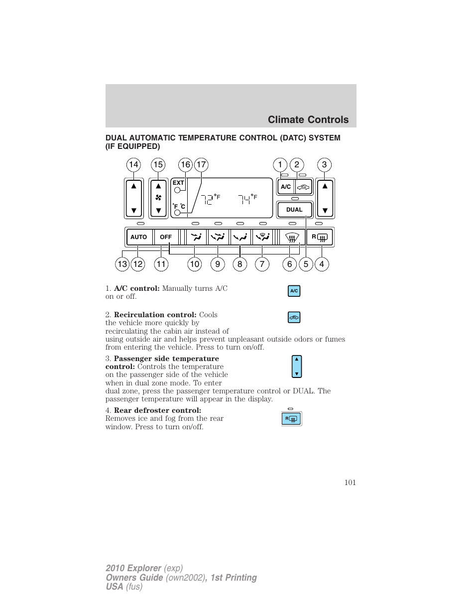 Automatic temperature control, Climate controls | FORD 2010 Explorer v.1 User Manual | Page 101 / 404