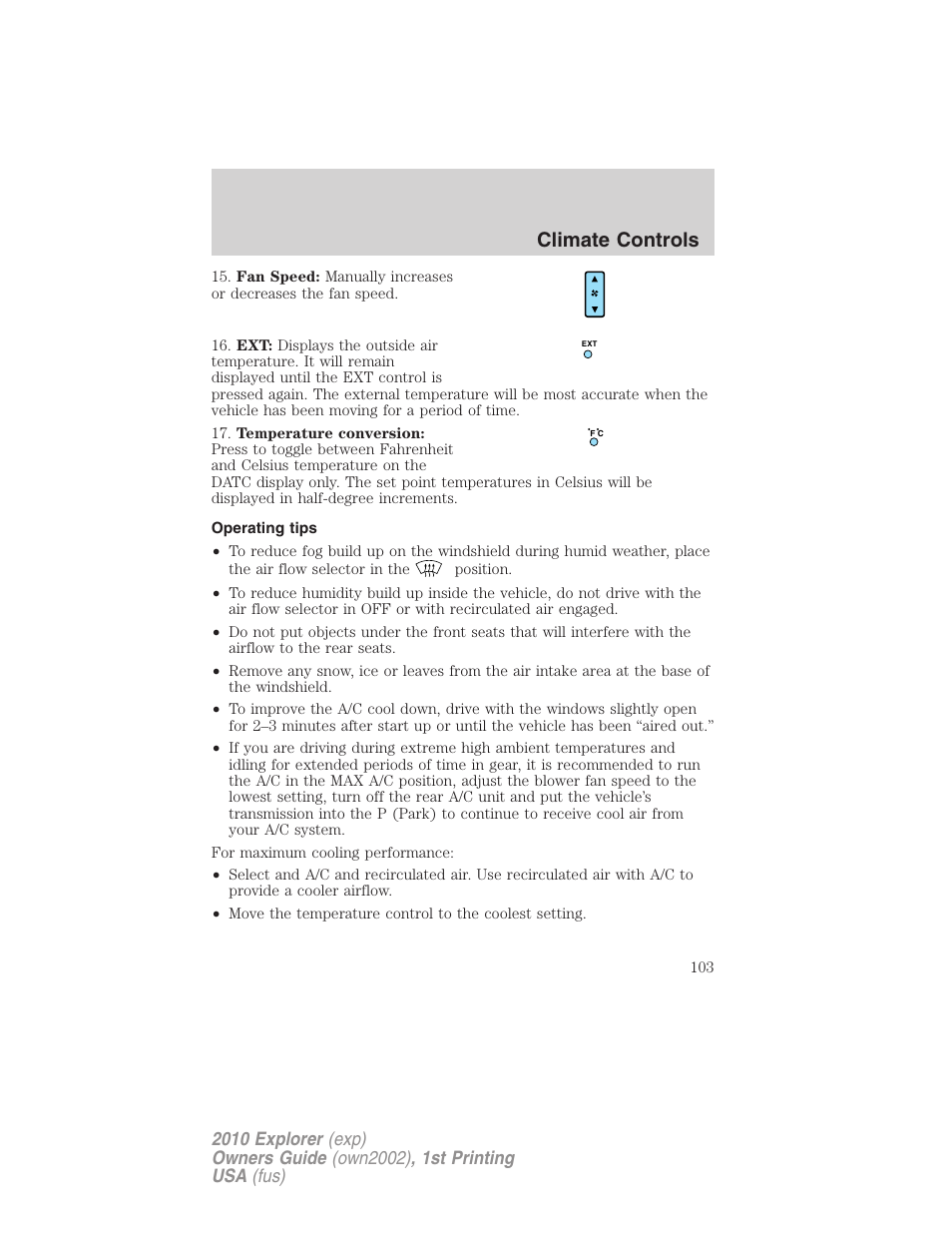 Operating tips, Climate controls | FORD 2010 Explorer v.1 User Manual | Page 103 / 404