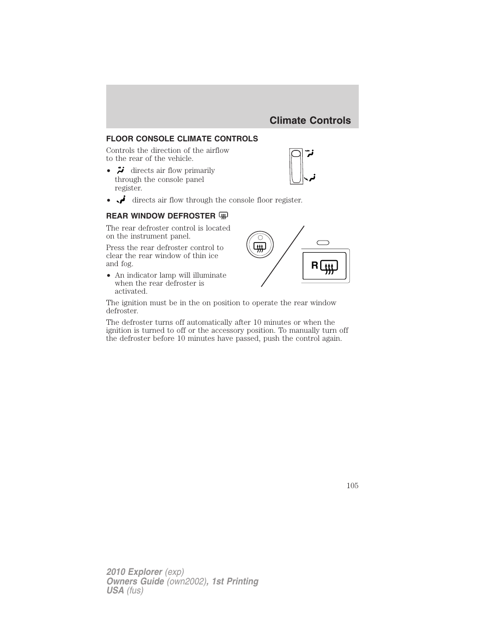 Floor console climate controls, Rear window defroster, Climate controls | FORD 2010 Explorer v.1 User Manual | Page 105 / 404