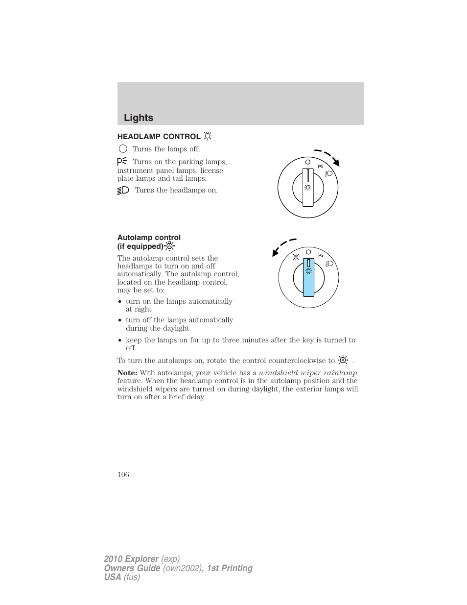 Lights, Headlamp control, Autolamp control (if equipped) | Headlamps | FORD 2010 Explorer v.1 User Manual | Page 106 / 404