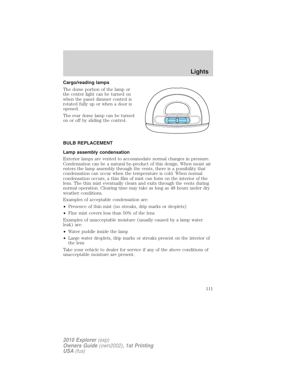 Cargo/reading lamps, Bulb replacement, Lamp assembly condensation | Lights | FORD 2010 Explorer v.1 User Manual | Page 111 / 404