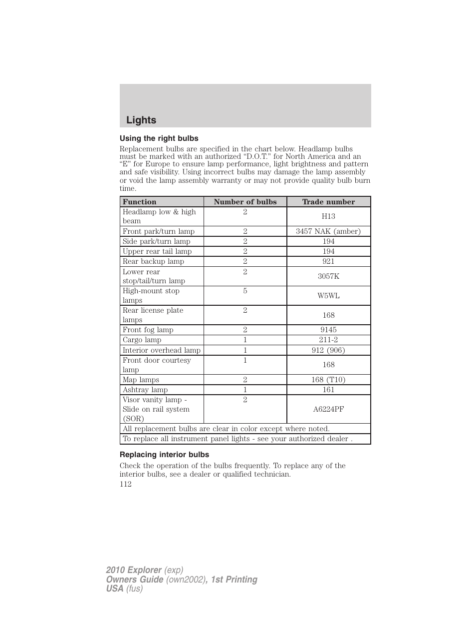 Using the right bulbs, Replacing interior bulbs, Lights | FORD 2010 Explorer v.1 User Manual | Page 112 / 404