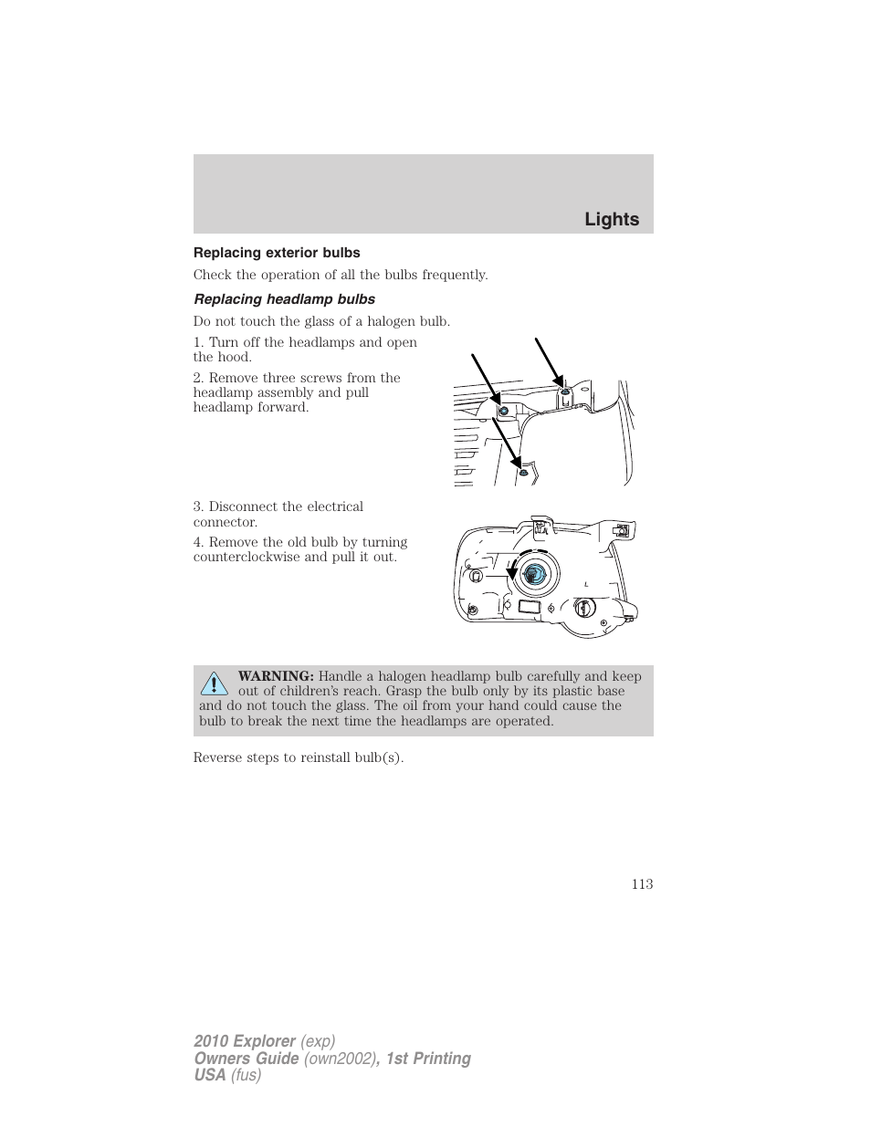 Replacing exterior bulbs, Replacing headlamp bulbs, Lights | FORD 2010 Explorer v.1 User Manual | Page 113 / 404