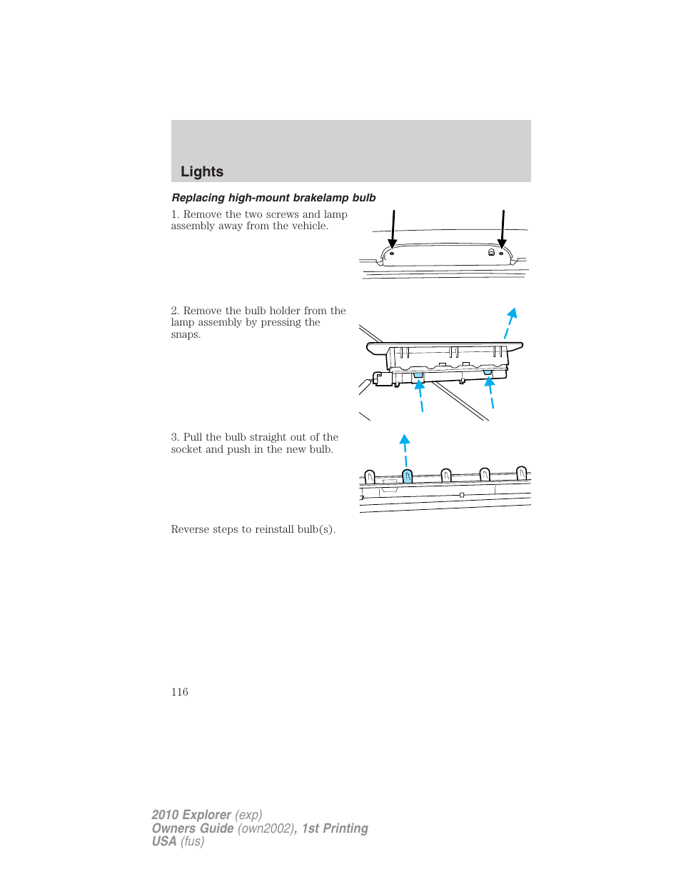 Replacing high-mount brakelamp bulb, Lights | FORD 2010 Explorer v.1 User Manual | Page 116 / 404