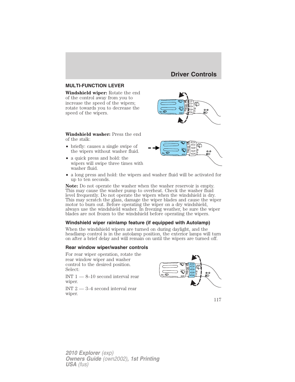 Driver controls, Multi-function lever, Rear window wiper/washer controls | Windshield wiper/washer control | FORD 2010 Explorer v.1 User Manual | Page 117 / 404