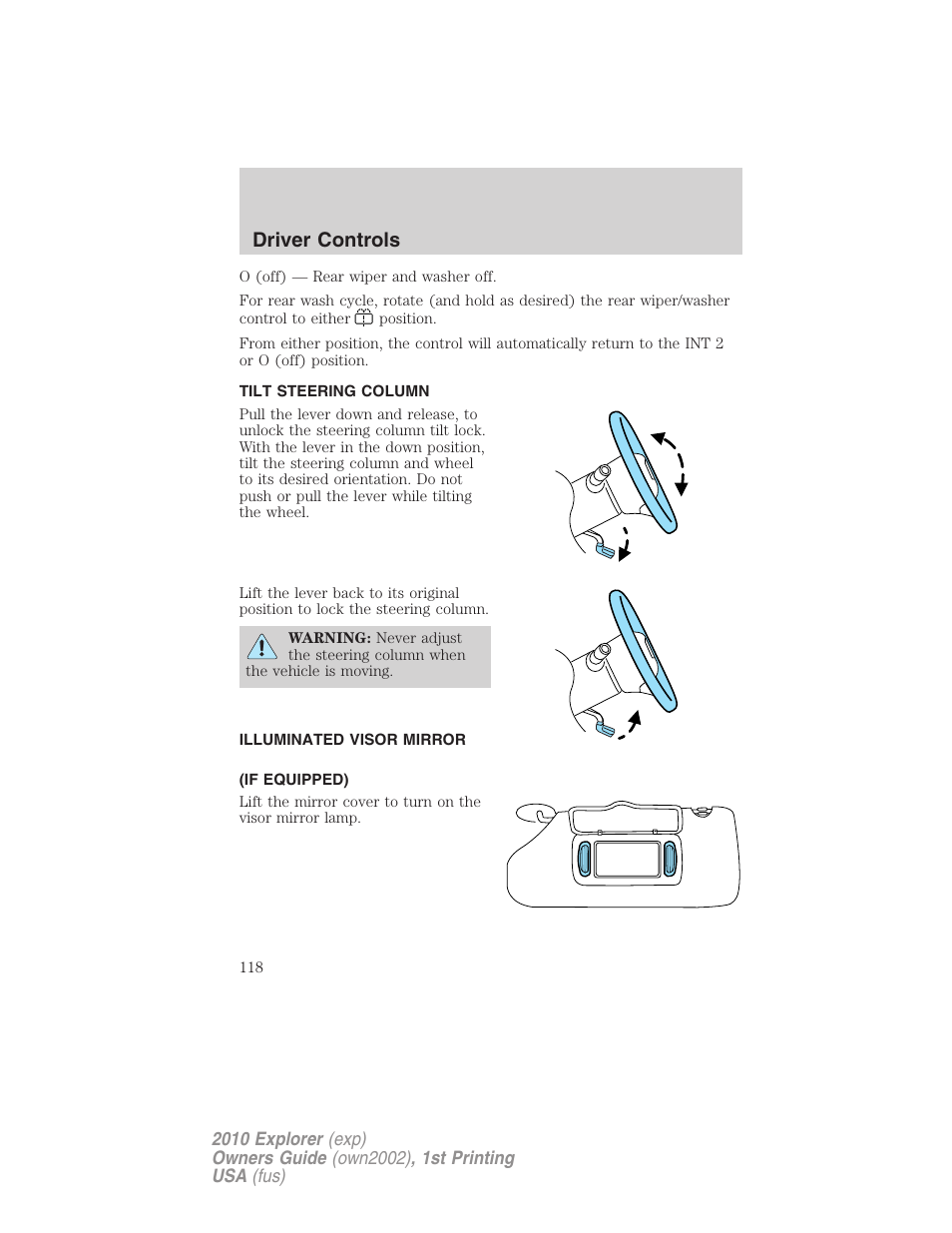 Tilt steering column, Illuminated visor mirror (if equipped), Steering wheel adjustment | Driver controls | FORD 2010 Explorer v.1 User Manual | Page 118 / 404