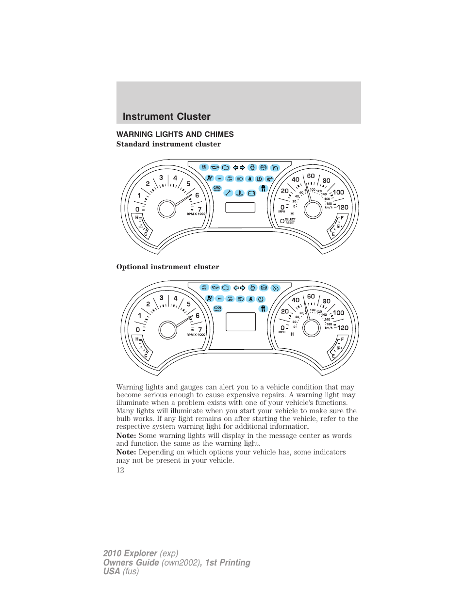 Instrument cluster, Warning lights and chimes | FORD 2010 Explorer v.1 User Manual | Page 12 / 404