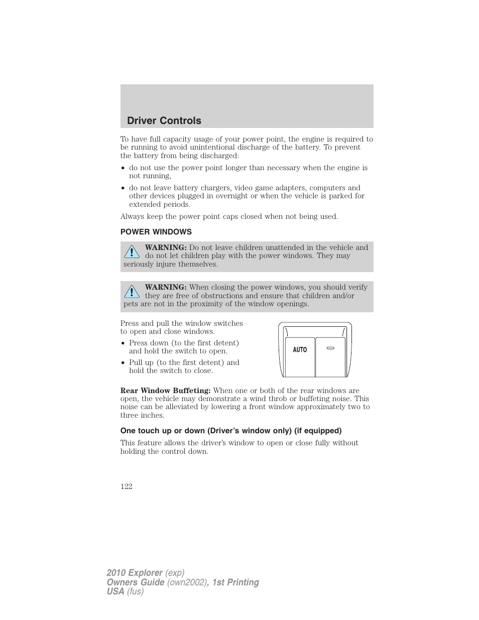 Power windows, Driver controls | FORD 2010 Explorer v.1 User Manual | Page 122 / 404