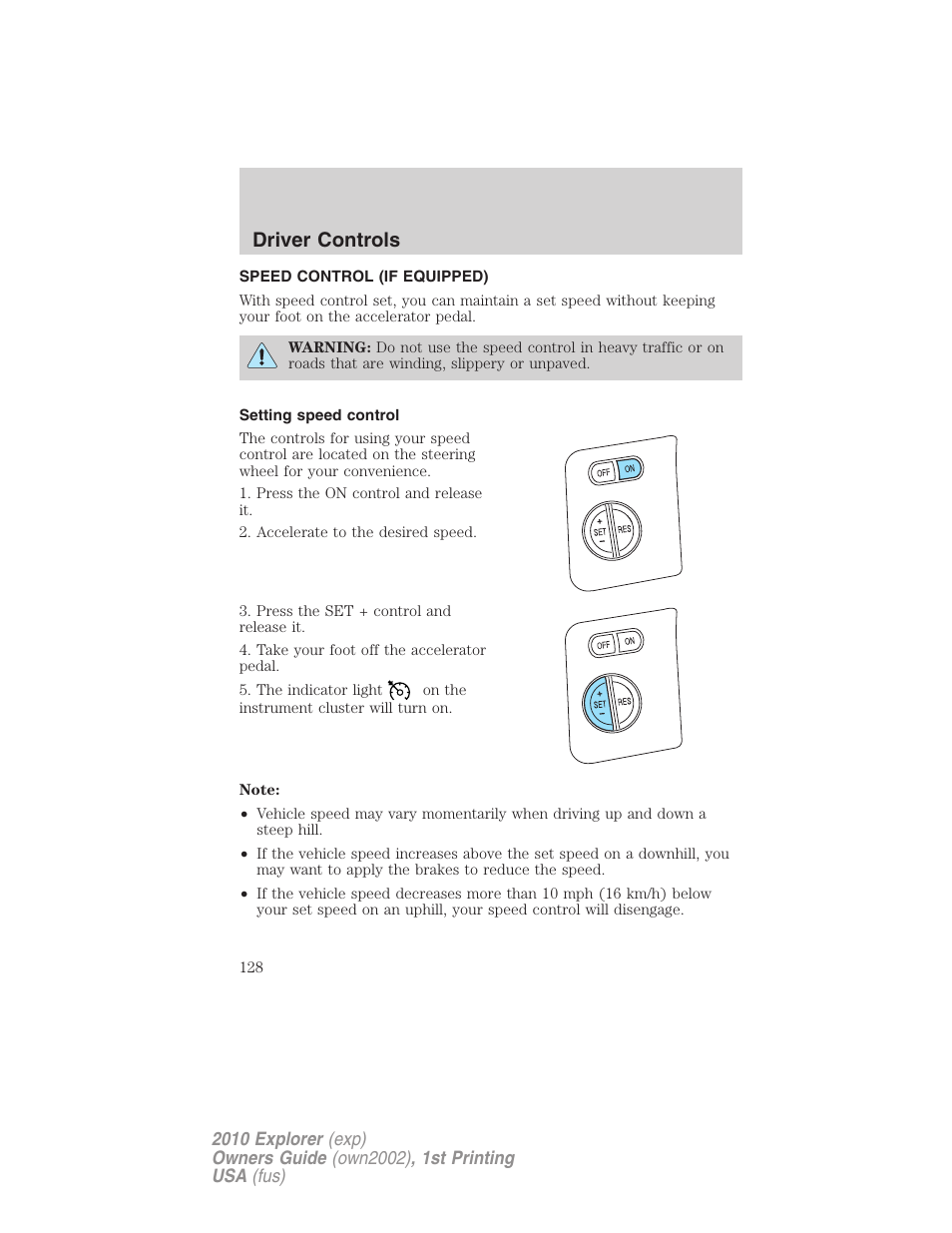 Speed control (if equipped), Setting speed control, Speed control | Driver controls | FORD 2010 Explorer v.1 User Manual | Page 128 / 404