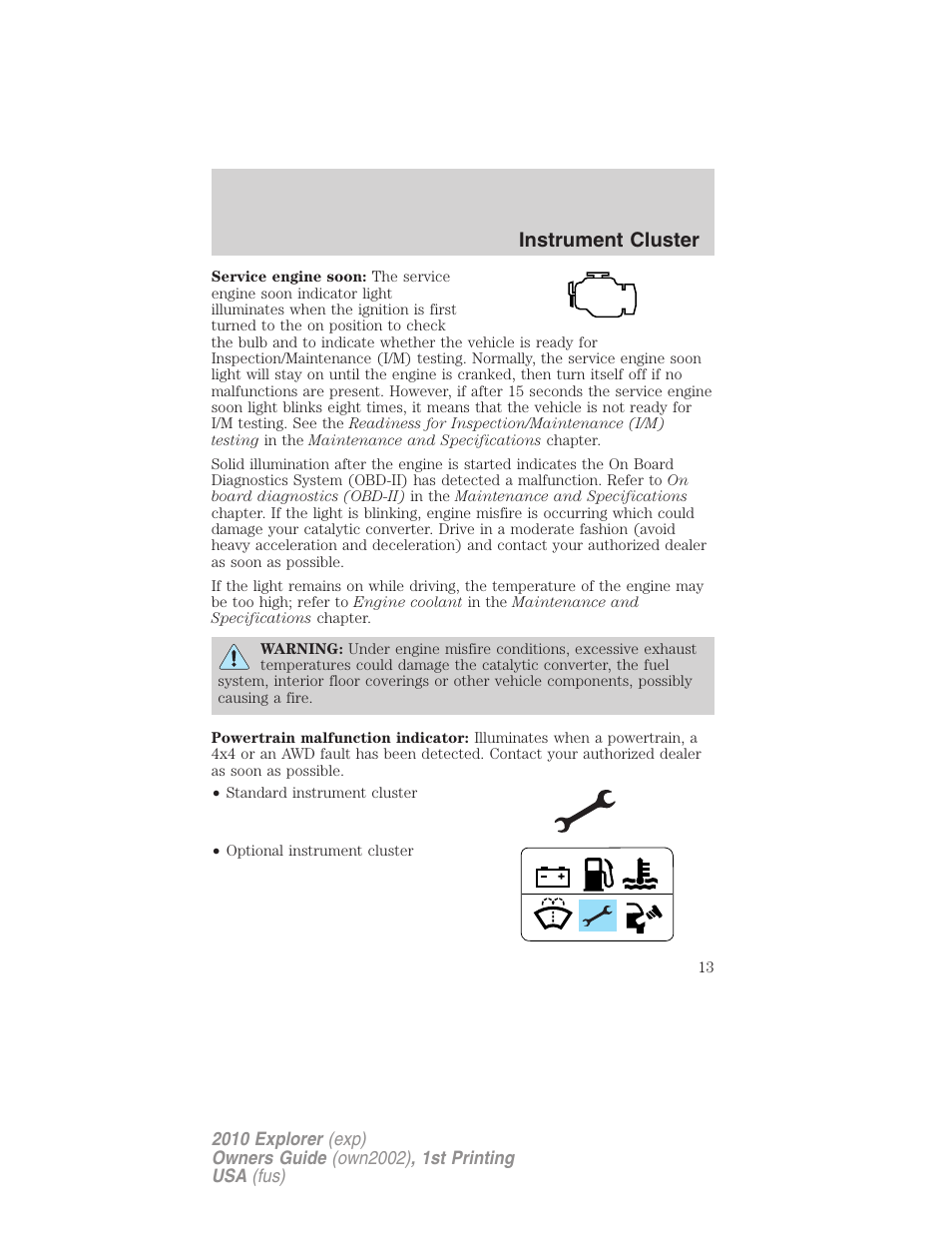 Instrument cluster | FORD 2010 Explorer v.1 User Manual | Page 13 / 404