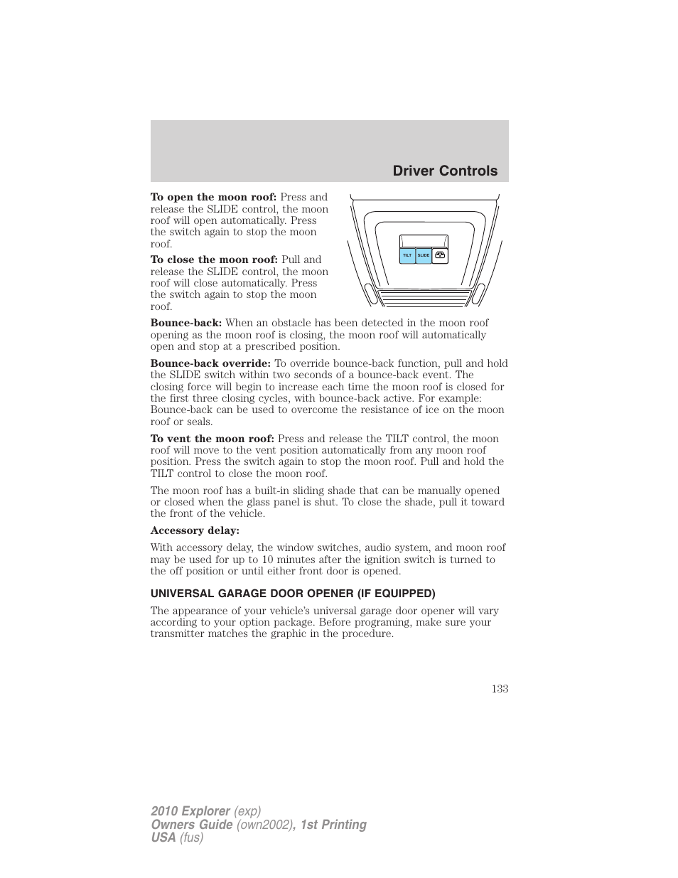 Universal garage door opener (if equipped), Driver controls | FORD 2010 Explorer v.1 User Manual | Page 133 / 404