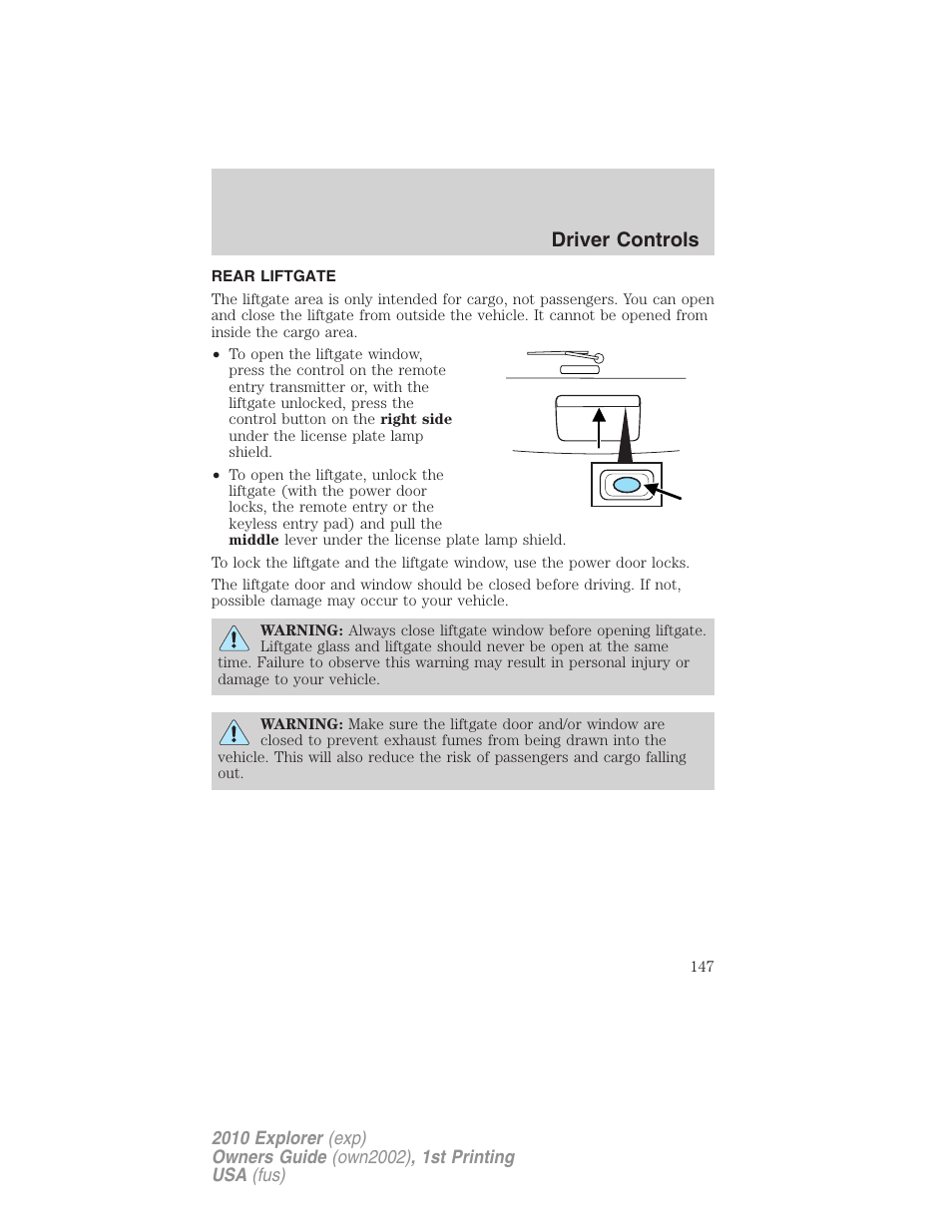 Rear liftgate, Driver controls | FORD 2010 Explorer v.1 User Manual | Page 147 / 404